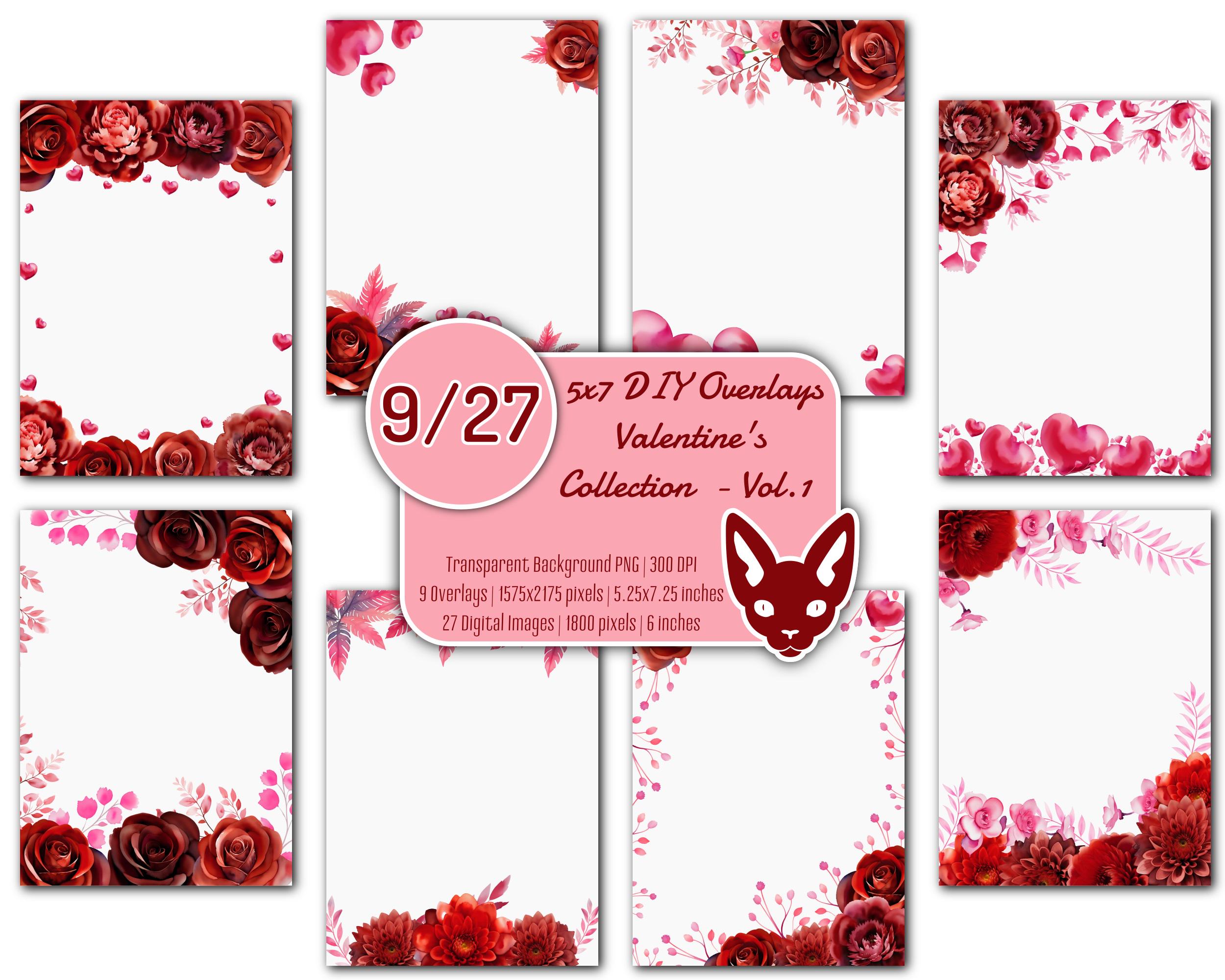 DIY 5x7 Overlays -  Valentine's Collection Volume 1 | Watercolor | Transparent Background | Set of 36 PNGs | Invitations | Cards | Frames