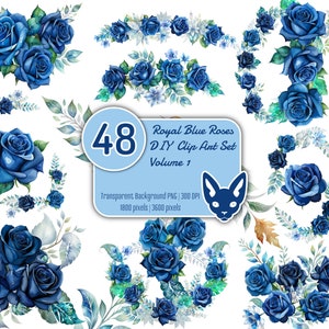 May include: A set of 48 digital clip art images of royal blue roses. The images are transparent background PNGs, 300 DPI, 1800 pixels by 3600 pixels.