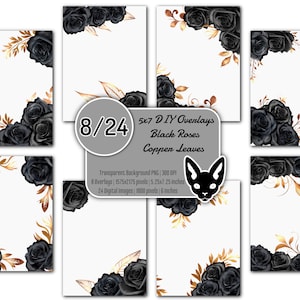 May include: A set of 24 digital images featuring black roses and copper leaves. The images are 5.25x7.25 inches and 300 DPI. They are perfect for DIY projects, scrapbooking, and card making.