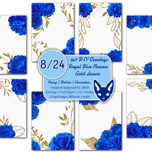 Bricolage 5 x 7" fleurs bleu royal (pivoine dahlia oeillet) et superpositions de feuilles d'or | 32 PNG | Fond transparent | Invitations | Cartes