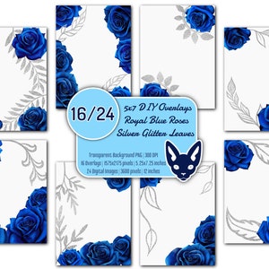 Fai da te - Set sovrapposizioni di rose blu royal e foglie glitter argento 5x7" / 40 PNG / Sfondo trasparente / Inviti / Carte / Cornici floreali