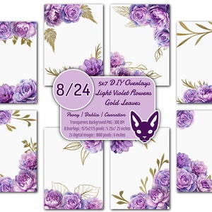 DIY 5x7" Light Violet Blumen (Pfingstrose Dahlie Nelke) & Blattgold Overlays Set | 32 PNGs | Transparenter Hintergrund | Einladungen | Karten