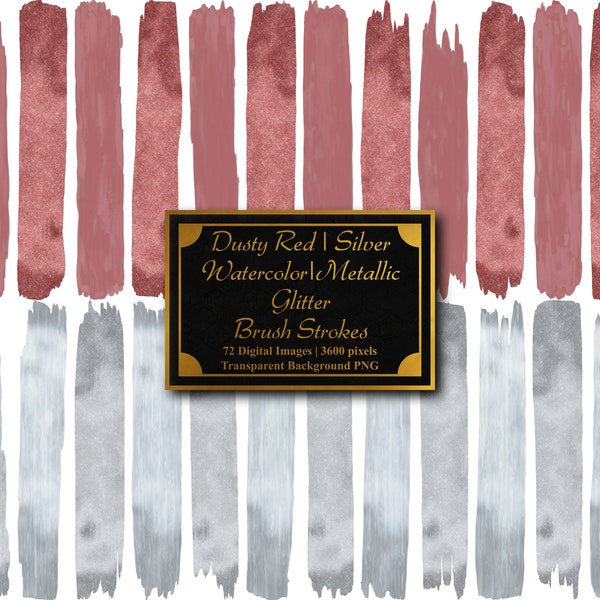 Dusty Red & Silver - Watercolor Metallic Glitter Paint Brush Strokes | 72 PNG Clip Art Set | Smudges | Transparent Background