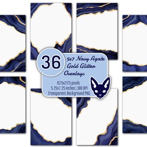 5 x 7" marineblauwe agaat met gouden glitter-overlays set | 36 png's | Transparante achtergrond | Uitnodigingen | Kaarten | Rand | Hoeken | Lijsten