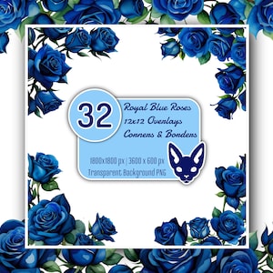 12 x 12" Royal Blue Rose-overlays | Transparante achtergrond | Direct downloaden | Digitale illustraties | Set van 32 png-bestanden | Hoek | Rand | Frame