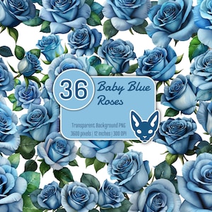 Baby Blue Roses in Watercolor | PNG with Transparent Background | Instant Download | Digital Clip Art | Set of 36 PNG Clip Art Files