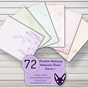 印刷可能な文房具 - 水彩花柄 - 第 2 巻 | 72 枚の JPG | 4 枚の PDF | US レター | ハーフ US レター | A4 | A5 | 滑らかで罫線入り | 300 DPI