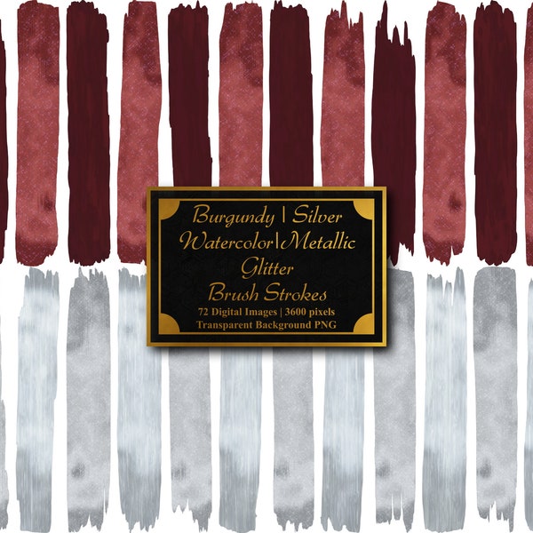 Burgundy & Silver - Watercolor Metallic Glitter Paint Brush Strokes | 72 PNG Clip Art Set | Smudges | Transparent Background