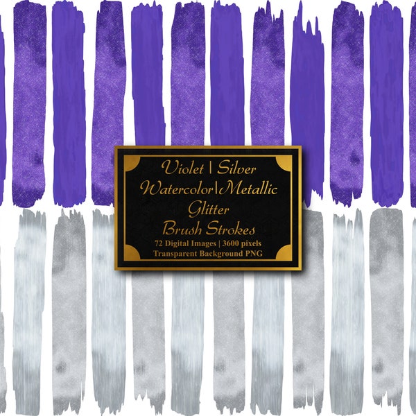 Violet & Silver - Watercolor Metallic Glitter Paint Brush Strokes | 72 PNG Clip Art Set | Smudges | Transparent Background | Commercial Use