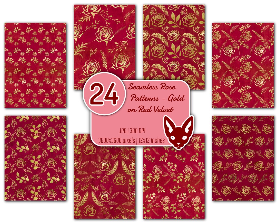 Gold Rose Pattern: Red Velvet Seamless Digital Paper (JPG Files) - Etsy