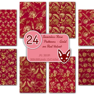 12x12" Rosenmuster - Gold auf rotem Samt | Nahtlos Digitales Papier | Sofortiger Download | Rapportiertes Muster | 24 JPG Dateien