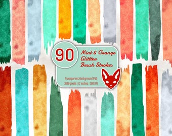 Glitter Brush Stroke Clipart: Mint, Orange, Teal, Silver (90 PNG Files)(Digital Download