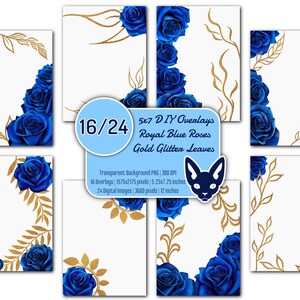 DIY - Ensemble de superpositions de feuilles de roses bleu roi et de feuilles scintillantes 5 x 7 po. | 40 images PNG | Fond transparent | Invitations | Cartes | Cadres floraux