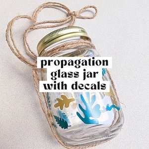Op de afbeelding: Een heldere glazen propagatiepot met een gouden deksel en decoratieve stickers in blauw en goud. De pot is omwikkeld met touw en heeft een touwlus om op te hangen. Tekst op de pot luidt "propagation glass jar with decals."