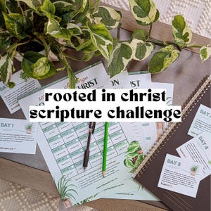 May include: A collection of scripture challenge materials, including printed sheets, a spiral-bound notebook, and pens. The text "rooted in christ scripture challenge" is prominently displayed. A potted plant with green and white leaves is in the background.