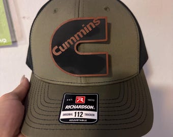 Custom  Cummins Diesel Leather patch hat " Laser Engraved Leather Patch Richardson 112 Trucker Hat