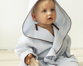 Waffle bathrobe for kids - Peignoir enfant - Bathrobe with contrast details - Blue hooded bathrobe - Toddler bathrobe  - Everyday by Roberta