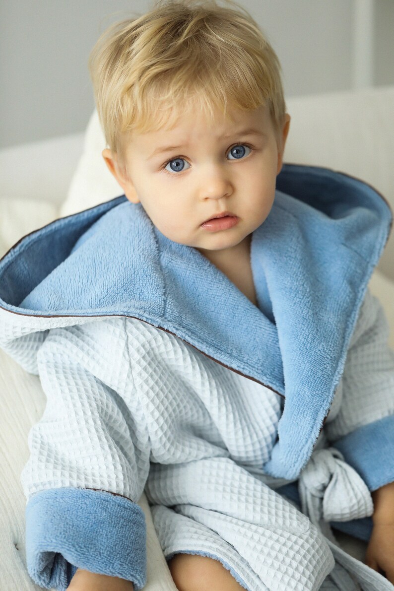 Baby Blue Waffle Bathrobe for Kids Bademantel Kind Child Hooded