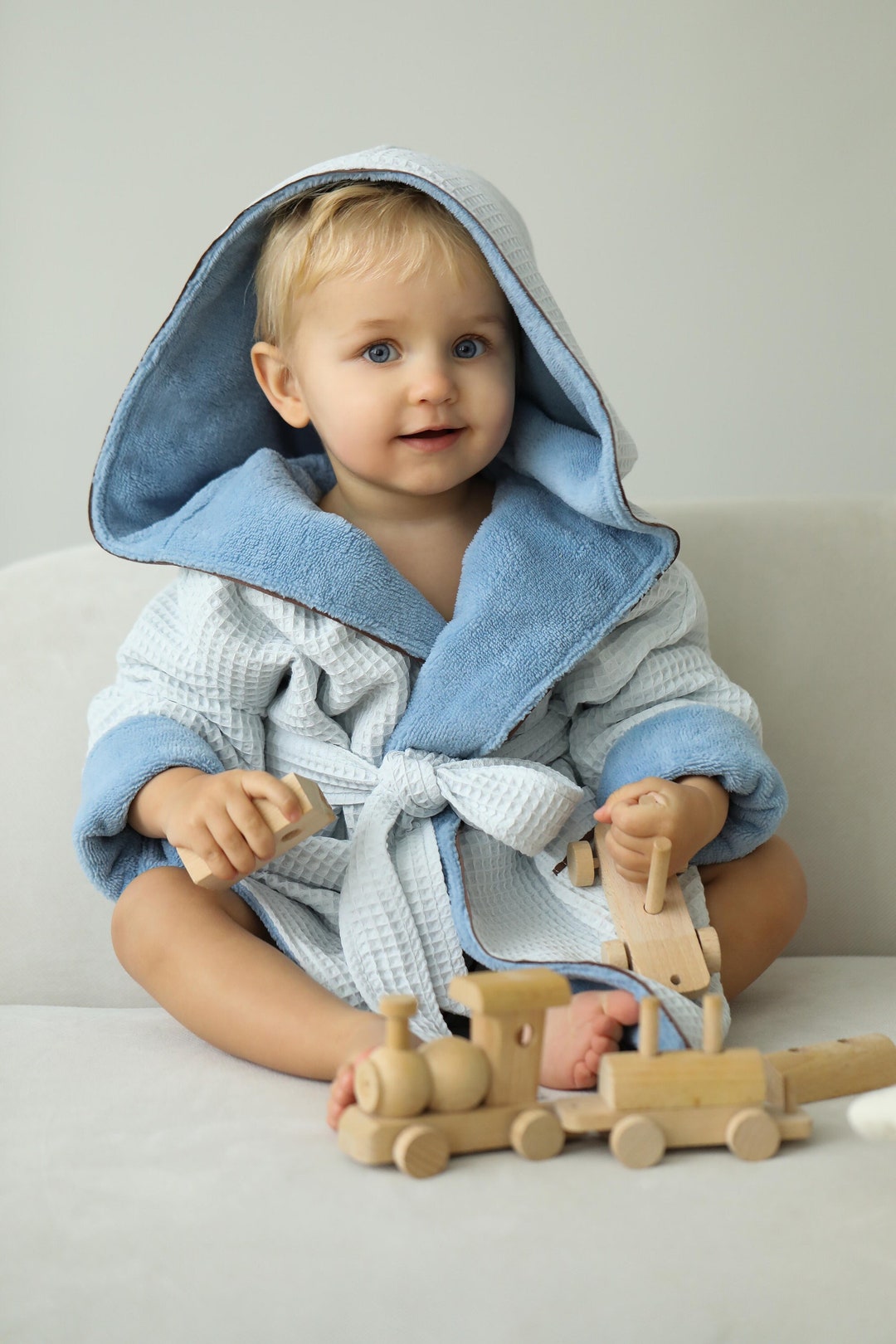 Baby Blue Waffle Bathrobe for Kids Bademantel Kind Child Hooded