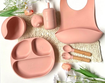 Ensemble de sevrage personnalisé, cadeau bébé personnalisé, cadeau pour tout-petit, bavoir en silicone, cadeau bébé personnalisé, ensemble repas, assiette bébé personnalisée