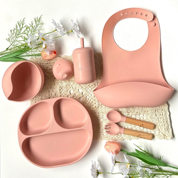 Ensemble de sevrage personnalisé, cadeau bébé personnalisé, cadeau pour tout-petit, bavoir en silicone, cadeau bébé personnalisé, ensemble repas, assiette bébé personnalisée