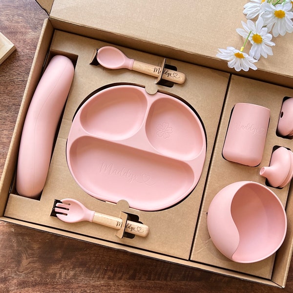 Ensemble de sevrage personnalisé, cadeau bébé personnalisé, cadeau pour tout-petit, bavoir en silicone, cadeau bébé personnalisé, ensemble repas, assiette bébé personnalisée