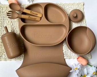 Vaisselle personnalisée en silicone pour bébé | Set de sevrage avec nom personnalisé | Cadeau baby shower | Cadeaux pour tout-petits | Gobelet pour bébé avec prénom personnalisé