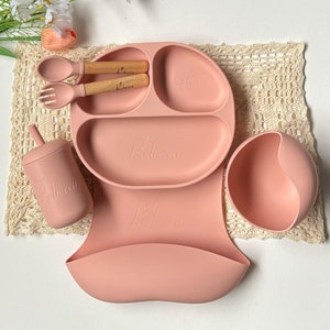 Set per lo svezzamento del bambino personalizzato,Regalo per bambino personalizzato,Regalo per bambino,Bavaglino in silicone,Regalo per bambino personalizzato,Set per l'alimentazione del bambino,Piatto per bambino personalizzato immagine 2