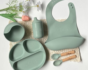 Vaisselle personnalisée en silicone pour bébé | Set de sevrage avec nom personnalisé | Cadeau baby shower | Cadeaux pour tout-petits | Gobelet pour bébé | Cadeau 1er anniversaire