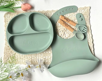 Set de sevrage en silicone avec nom personnalisé | Haute qualité | Ensemble de repas personnalisé gravé pour tout-petits | Cadeau de naissance personnalisé | Cadeau baby shower