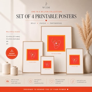 Puede incluir: Conjunto de cuatro carteles imprimibles con un diseño moderno. Cada cartel presenta un fondo blanco con un cuadrado naranja vibrante y arte lineal abstracto. Se incluye el texto "I am one in a billion". Disponible en varios tamaños, incluyendo A4 y A3.