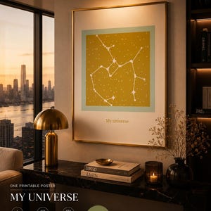 Puede incluir: Un póster de pared rectangular enmarcado que presenta un cuadrado amarillo mostaza centrado sobre un fondo azul claro. El póster muestra un mapa de constelaciones blanco con estrellas conectadas y el texto My universe impreso abajo.