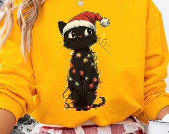Black Cat Light Christmas Sweatshirt,Cat Christmas Hoodie, Christmas Cat Sweatshirt, Kitten Christmas Shirt, Cat Lover Gift, Cat Mom Sweater