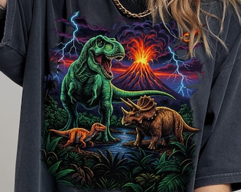 Retro Jurassic Dinosaur 90s T-shirt, retro T-Rex & Triceratops-sweater, prehistorische grafische T-shirt jaren 90, Dino-top, nostalgie natuurcadeau