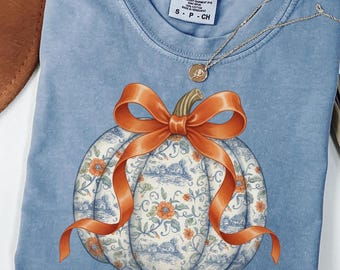 Preppy Floral Pumpkin Shirt Pumpkin Season T-Shirt, Coquette Bow, Autumn Fall Shirt, Thanksgiving Shirt, Fall Pumpkin Comfort Colors Shirt