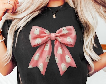 Pink Ghost Bow Coquette T-Shirt, Halloween Coquette Bow Shirt, Ghost Halloween, Halloween Shirt, Spooky Season Tee, Girly Halloween Shirt