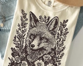 Cottagecore Fox Shirt, Retro Linocut Floral Sweatshirt, Folk Art Forest Animal Sweatshirt,  Woodland Aesthetic Top, Comfort Colors Tee, Boho