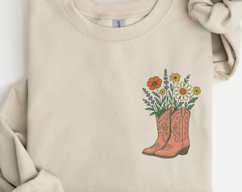 Sudadera con estampado de flores silvestres y botas vaqueras, estilo retro western, sudadera campestre, atuendo de rodeo, regalo para ella, sudadera de cuello redondo estilo granja campestre, estampado floral