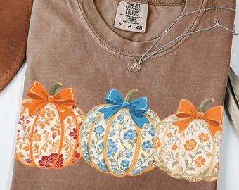 Preppy Floral Pumpkin Shirt Pumpkin Season T-Shirt, Coquette Bow, Autumn Fall Shirt, Thanksgiving Shirt, Fall Pumpkin Comfort Colors Shirt