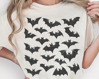 Retro Bats Halloween Shirt, 90s Style Bats T-shirt, Comfort Colors Artsy Bat Lover Gift, Retro Aesthetic Halloween Bats Shirt, Doodle Tee