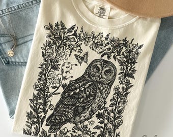 Cottagecore Owl Shirt, Cottagecore Floral Sweatshirt, Folk Art Forest Animal TShirt,  Woodland Aesthetic Top, Comfort Colors Tee, Boho Tee