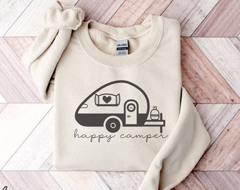 Happy Camper Sweatshirt, Camping Sweatshirt, Avontuur wacht, Berg Sweatshirt, Natuur Sweatshirt, Zonsondergang Sweatshirt, Cadeau voor camper
