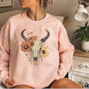 Boho Cow Skull Sweatshirt, Longhorn Shirt, Wild West Shirt, Outdoor Sweatshirt, Wild West Sweatshirt, Cowboy Shirt, Country Music Shirt,