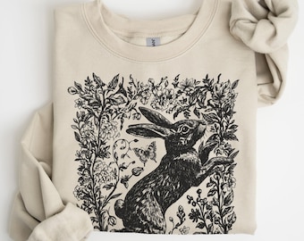 Cottagecore Rabbit Sweatshirt, Folk Art Forest Animal,  Woodland Aesthetic Top, Cottagecore Crewneck, Forestcore