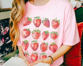 Summer Strawberry Shirt, Fruit Shirt, Cottagecore Berries Tshirt, Strawberry Aesthetic, Botanical Garden, Beach Vacation, Cute Tropical Tee
