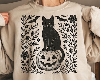 Halloween Black Cat Sweatshirt, Cute Cat Lover Halloween Pullover, Spooky Season Cat, Halloween Cute Women Outfit, Halloween Gift