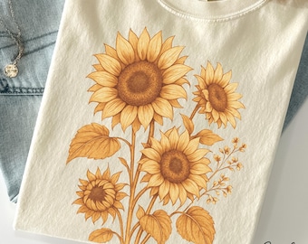Zonnebloemshirt, T-shirt met comfortkleuren vintage bloemen, zomershirt met wilde bloemen, boho-T-shirt, botanisch shirt, zonnebloemliefhebber cadeaus voor haar