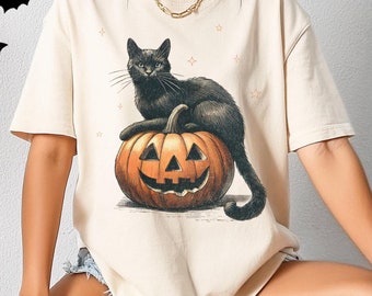 Black Cat on Pumpkin shirt, Comfort Colors shirt for fall, Black Cat t-shirt, Halloween Black Cat Design, Fall Shirt, Vintage 90s, Cat Lover