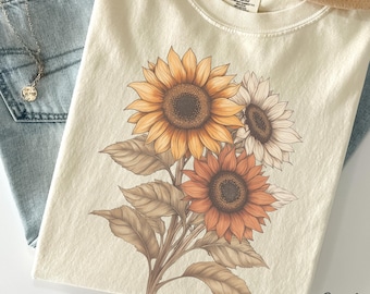 Maglietta con girasole, maglietta con fiori vintage dai colori confortevoli, maglietta estiva con fiori di campo, maglietta boho, maglietta botanica, regali per gli amanti dei girasoli per lei