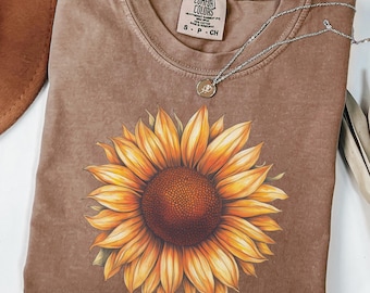 Zonnebloemshirt, T-shirt met comfortkleuren vintage bloemen, zomershirt met wilde bloemen, boho-T-shirt, botanisch shirt, zonnebloemliefhebber cadeaus voor haar